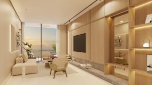 Render of the living room with sea views at Costanera Aqua, Panama City, Panama