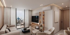 Render of the living room opening onto the balcony at Luxor 500, El Cangrejo, Panama City, Panama