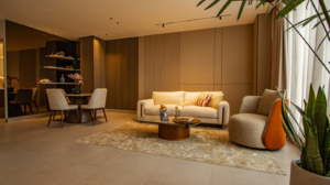 Living room in the model apartment at Seaside, Panama City, Panama
