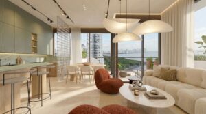 Render of the living and dining area with city views in a 110 square metre apartment at Selvatica, Panama City, Panama