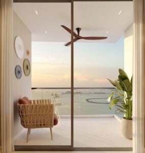 Render of the balcony with ocean views at sunset at Costanera Aqua, Panama City, Panama