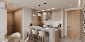 Render of the kitchen and dining area at Luxor 500, El Cangrejo, Panama City, Panama
