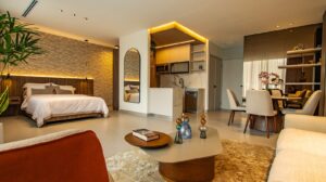 Living area and bedroom in the model apartment at Seaside, Panama City, Panama