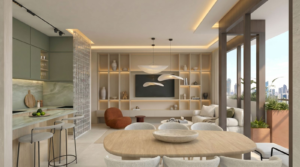 Render of the living and dining area in an 80 square metre apartment at Selvatica, Panama City, Panama