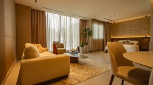 Living and dining area in the model apartment at Seaside, Panama City, Panama