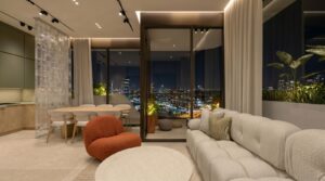 Render of the living room at night with city views at Selvatica, Panama City, Panama