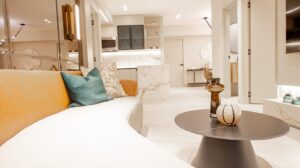 Open kitchen and living area in the model apartment at Aurum, Panama City, Panama