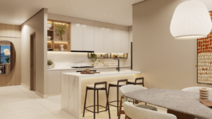 Render of the kitchen with island at Costanera Aqua, Panama City, Panama