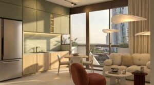 Render of the kitchen and living area in a 60 square metre apartment at Selvatica, Panama City, Panama