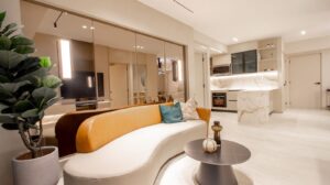Living area in the model apartment at Aurum, Panama City, Panama