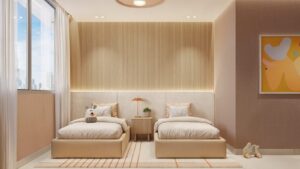 Render of the second bedroom at Costanera Aqua, Panama City, Panama