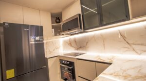 Kitchen in the model apartment at Aurum, Panama City, Panama