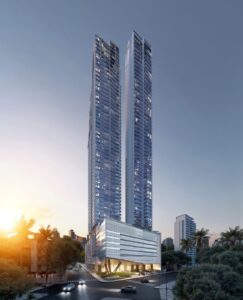 Render of the Costanera Aqua towers seen from the air, Panama City, Panama