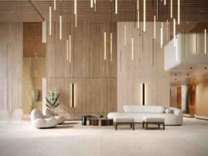 Render of the building lobby at Luxor 500, El Cangrejo, Panama City, Panama