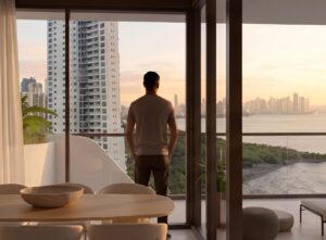 Render of the balcony with city views at Selvatica, Panama City, Panama
