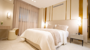 Main bedroom in the model apartment at Aurum, Panama City, Panama