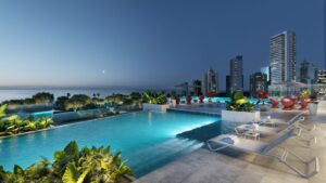 Render of the rooftop pool with city views at Costanera Aqua, Panama City, Panama