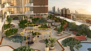 Render of the social areas seen from the air at Selvatica, Panama City, Panama