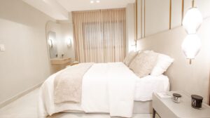 Bedroom in the model apartment at Aurum, Panama City, Panama