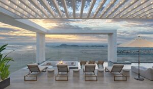 Render of the rooftop terrace with ocean views at Costanera Aqua, Panama City, Panama