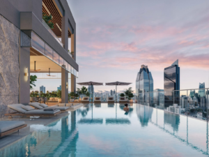 Render of the rooftop pool with city views at Seaside, Panama City, Panama