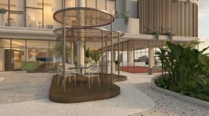 Render of the social area at Selvatica, Panama City, Panama