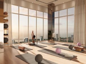 Render of the yoga studio with city views at Costanera Aqua, Panama City, Panama