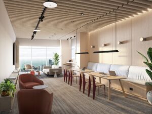 Render of the coworking lounge at Costanera Aqua, Panama City, Panama
