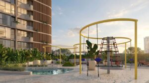 Render of the pool and the childrens playground at Selvatica, Panama City, Panama