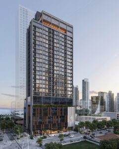 Render of the Seaside tower seen from the street, Panama City, Panama
