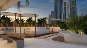 Render of the lounge terrace at Selvatica, Panama City, Panama