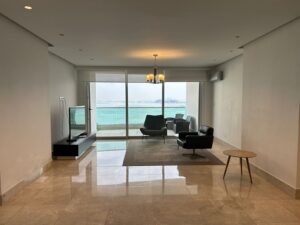 Living room ocean view, apartment for sale in Costanera, Panama City, Panama